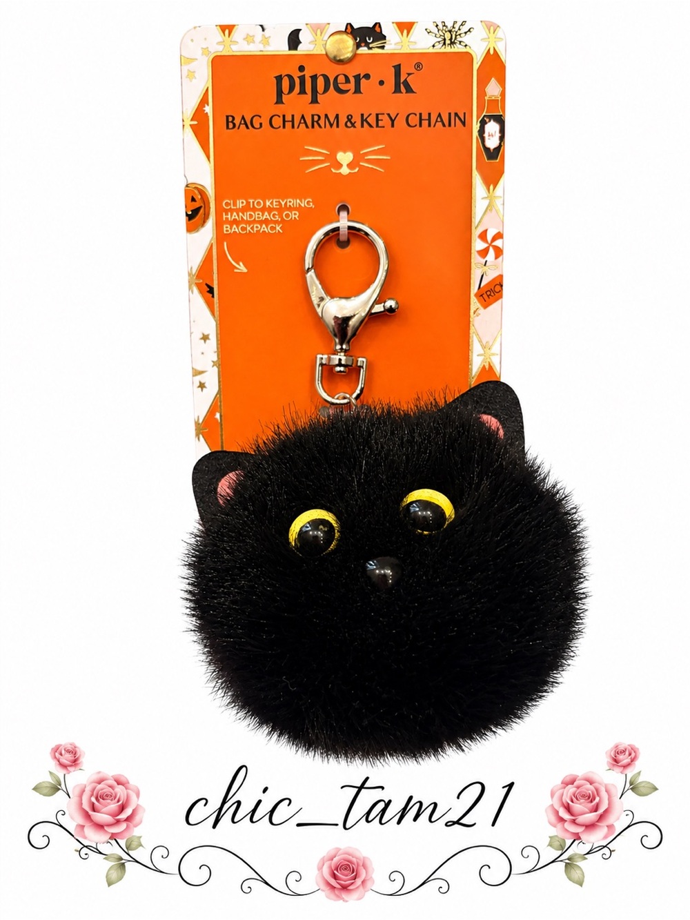 Piper Black Fuzzy Cat Keychain or Pom Bag Charm with Yellow Eyes